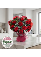 Kırmızı Jelatin & Tül Ambalajlı Kırmızı Gül Buketi